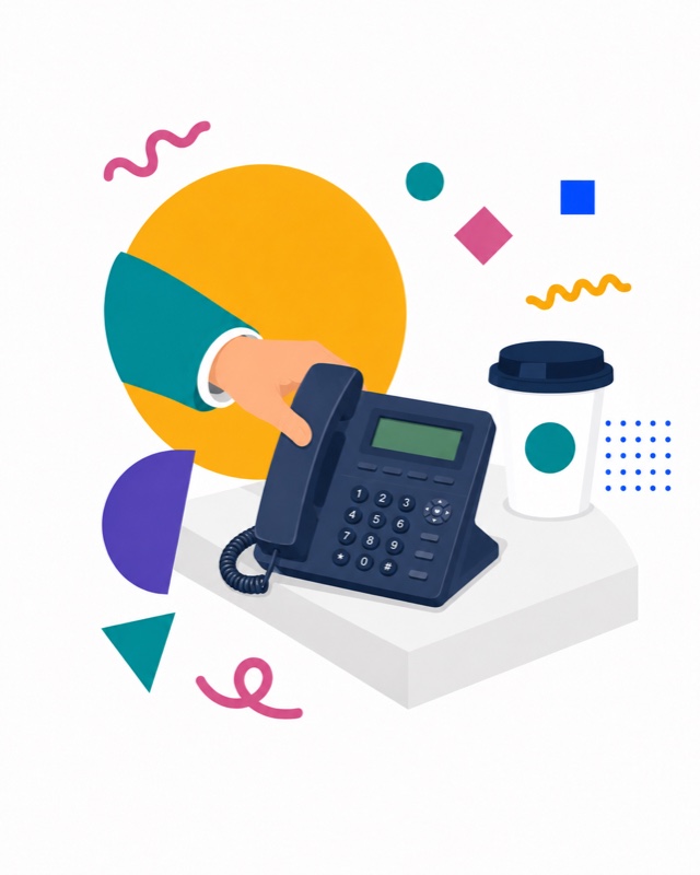 A hand picking up an office phone next to a coffee cup