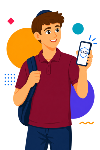 A high-school student holding his filtered phone with a TAG shield.