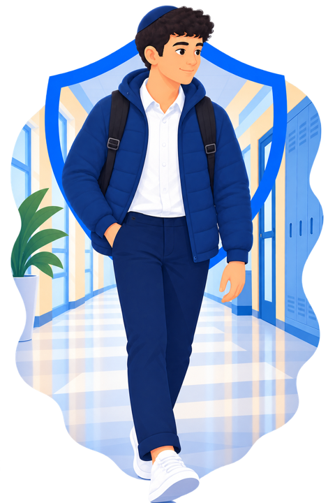 A student with a backpack walking confidently