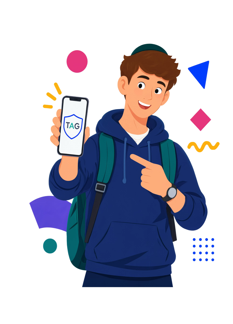 Student holding phone with TAG app