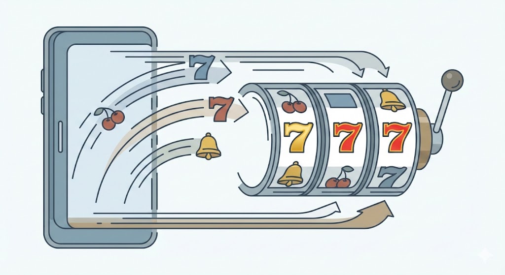 A smartphone transforming into a slot machine with spinning sevens, bells, and cherries.