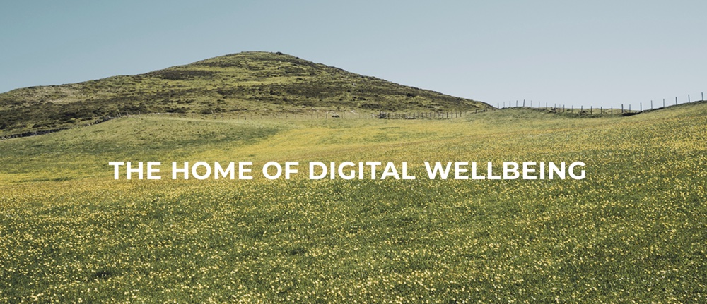 The home of digital wellbeing over a flowered hillside, from It's Time to Log Off