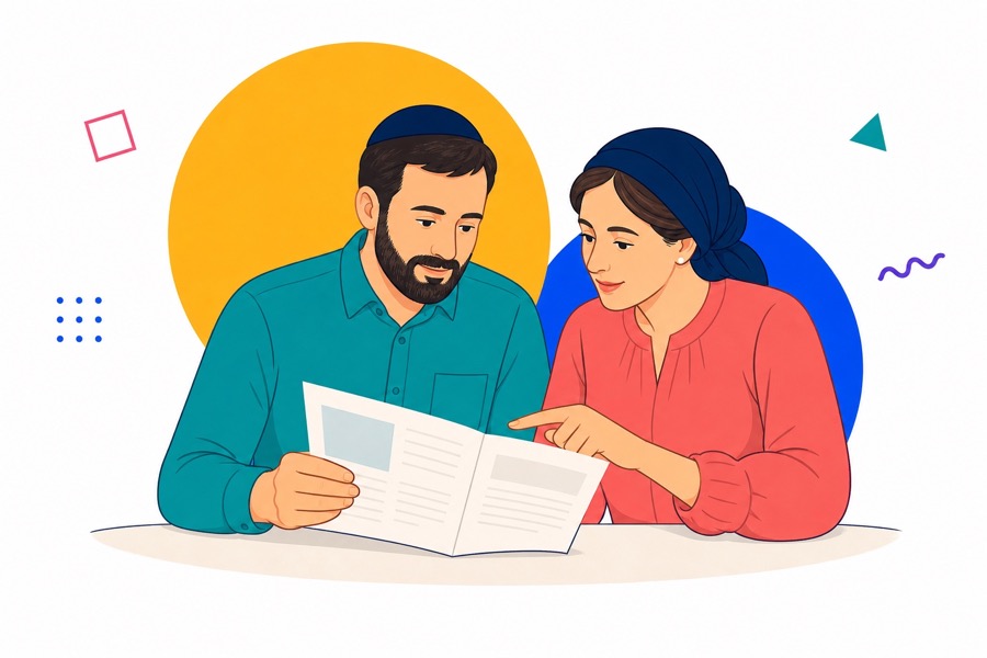 A Jewish mother and father reading a paper together.