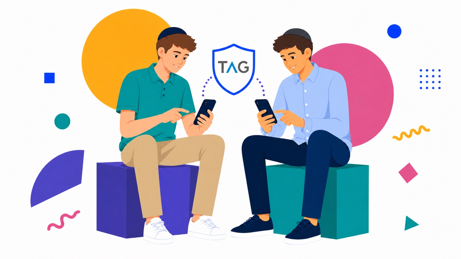 Two Modern Orthodox high-school students confidently managing their protected phones.