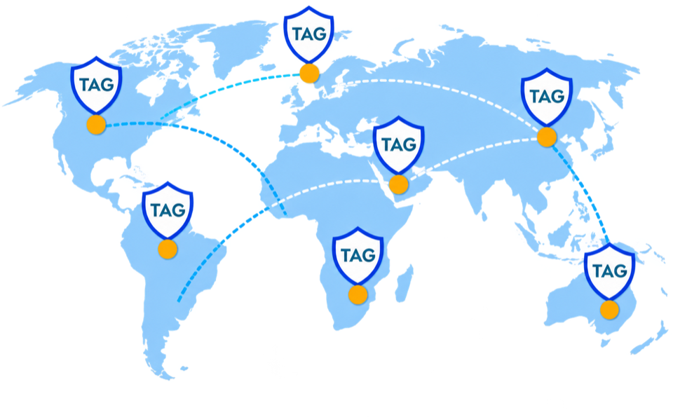World map showing TAG office locations across five continents
